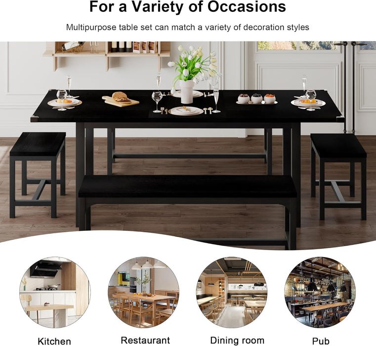 5-Piece Dining Table Set for 4-8 People, 63" Large Extendable Kitchen Table Set with 2 Benches and 2 Square Stools, Dining Room Table with MDF Wood Board, Easy Assembly, Black