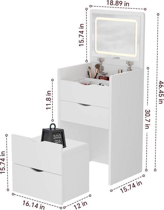 Compact Vanity Desk with Mirror and Lights, 19 Inch Hidden Makeup Vanity Cabinet with Storage Drawers & Shelves, Small Vanity Table for Bedroom, Flip Top Vanity for Small Spaces, White