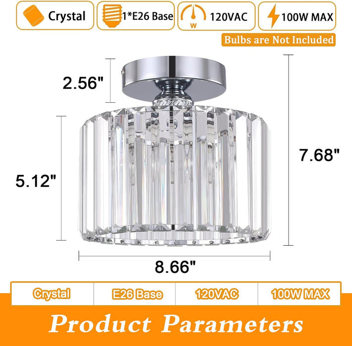 Semi Flush Mount Modern Chandelier, Crystal Ceiling Light Fixture, Small Close to Ceiling Light for Living Room, Bedroom, Hallway, Bathroom, Kitchen, Entryway (Silver)