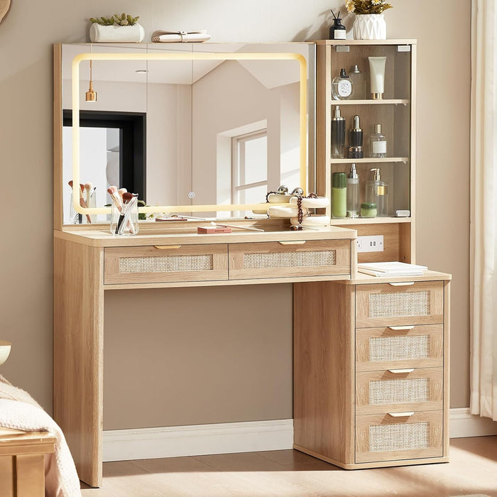 Rattan Vanity Desk with Mirror and Lights, 43.5'' Boho Makeup Vanity with 6 Drawers and Adjustable Shelves, Natural Wood Make up Vanity Dressing Table with Glass Top, Power Outlet for Bedroom