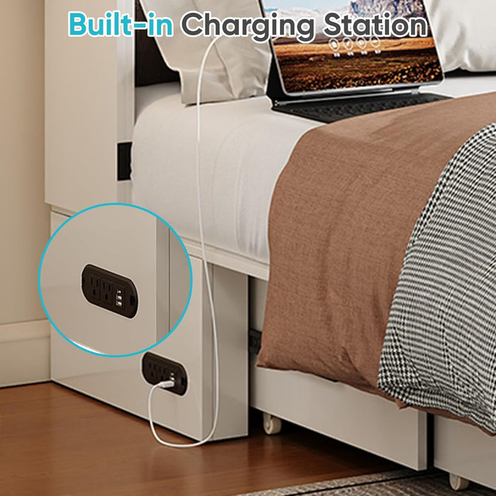 Queen Size Murphy Bed with Tri-Folding Mattress，Murphy Bed with Charging Station and Two Large Storage Drawers for Small Spaces/Bedroom（White）