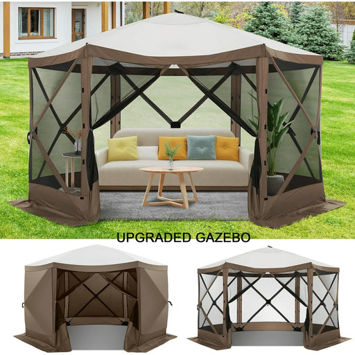 12X12 Pop up Canopy Gazebo, Outdoor Canopy Tent Screen House with 6 Sidewalls and Netting for Camping, Waterproof, UV Resistant, Ez Set-Up Party Tent with Carrying Bag and Ground Stakes,Brown