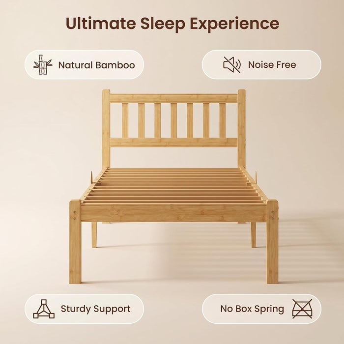 Wood Twin Bed Frame with Headboard, 18 Inch High Solid Bamboo Platform Bed No Box Spring Needed, Modern Minimalist Heavy Duty Bedframe, Easy Assembly, Noise Free