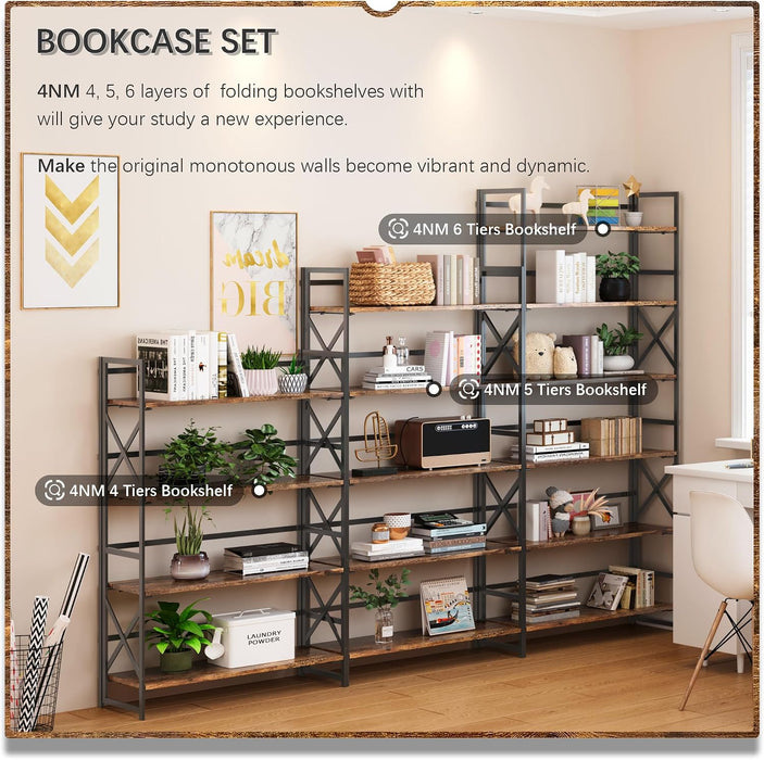 Extra Wide 5 Tiers No Assembly Book Shelves, 51.2" H Folding Bookshelf Bookcase Open Industrial Foldable Shelves for Bedroom, Living Room, Home Office - Rustic Brown Black