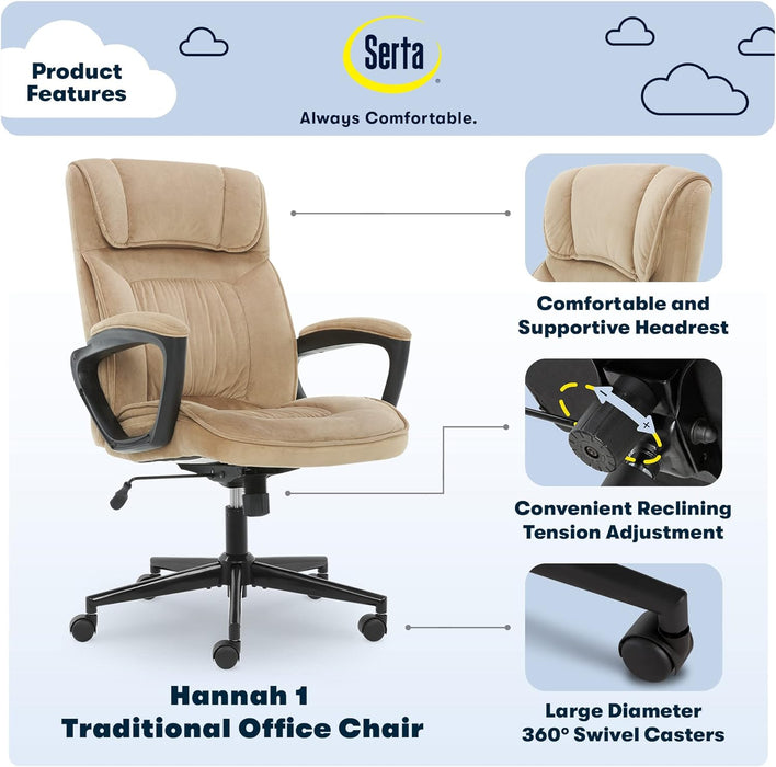 Hannah Executive Home Office Desk Chair, Ergonomic Mid-Back with Lumbar Support, Firm Seat Cushion, Layered Body Pillows, Padded Armrests, Swivel Base, Easy Assembly, Microfiber/Beige