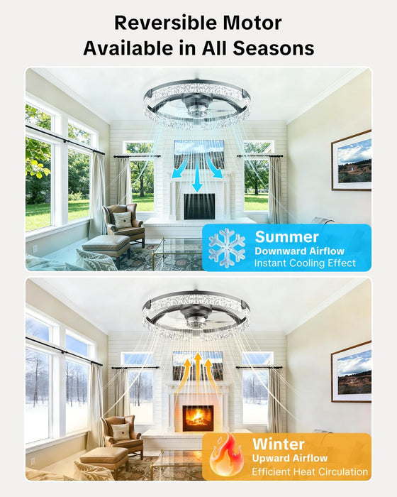 20" Low Profile Ceiling Fan with Light and Remote, Dimmable LED Flush Mount Ceiling Fan, 6 Speeds, White Modern Design for Bedroom/Living Room （Black-Crystal）