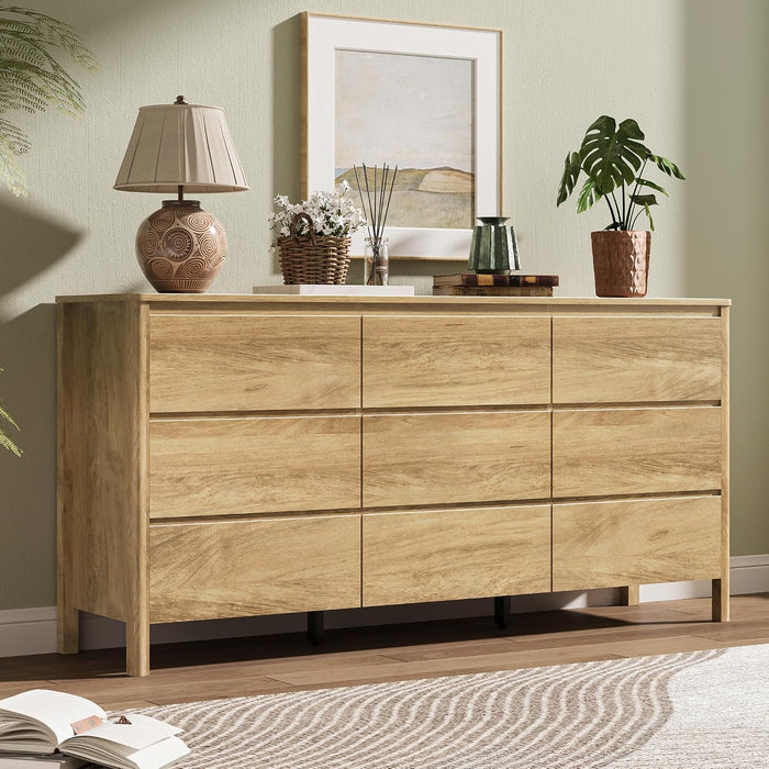 Oak 9 Drawer Dresser for Bedroom, 63" Wide Modern Wood Dresser