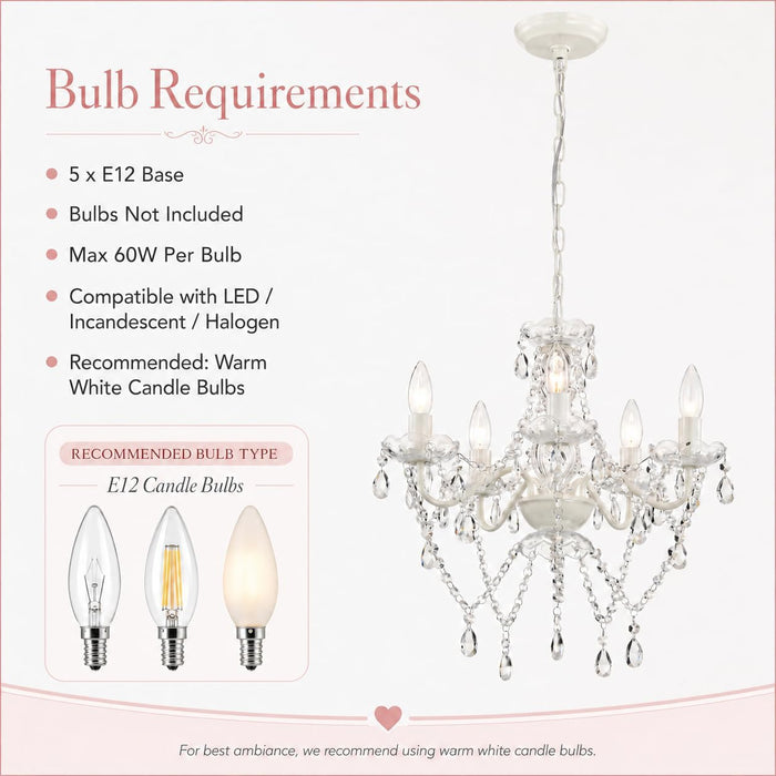 Small White 5-Light Crystal Chandelier, Modern Glass Chandelier Lighting Fixture, Small Chandelier for Bedroom, Dining Room, Living Room, Kitchen, Foyer, Girls Room Ceiling Light