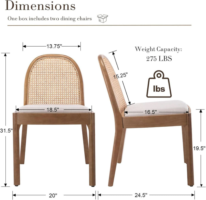 Rattan Dining Chairs Set of 4, Upholstered Linen Dining Room Chairs with Backrests, Modern Kitchen Chairs with Wood Legs for Dining Room, Beige