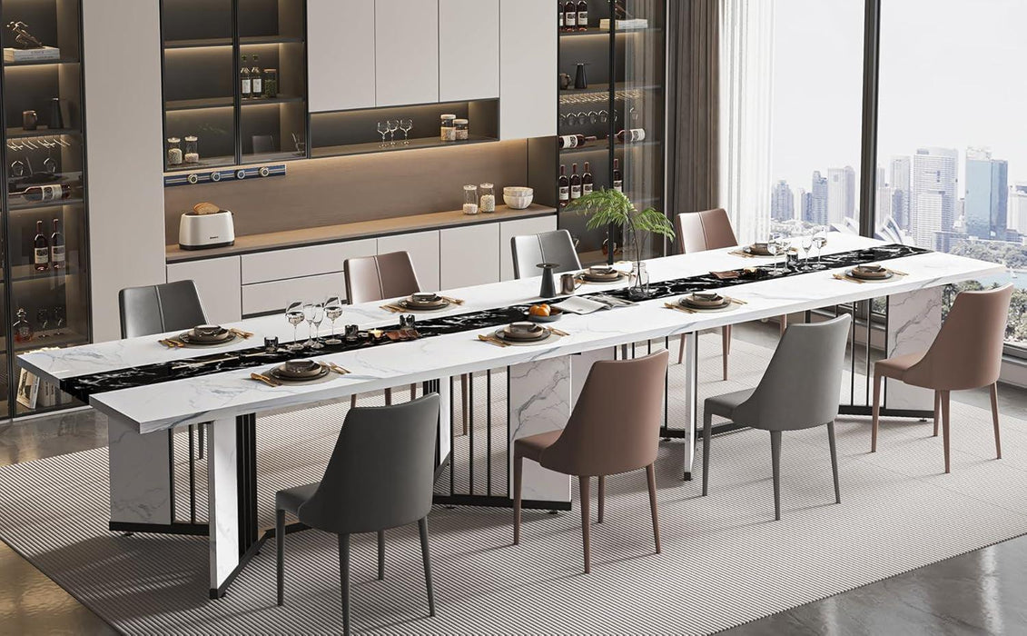 71 Inch Dining Table for 6 8 10 People, Rectangular Faux Marble Kitchen Dining Table Wooden, Modern Large Tabletop and Metal Adjustable Feet, White