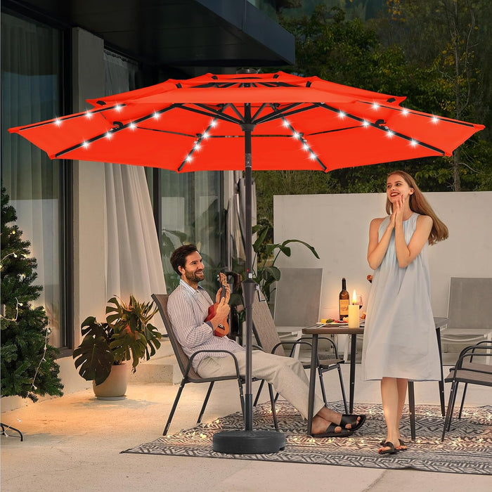 3 Tiers Patio Umbrella with Solar Lights 9Ft Outdoor Market Table Umbrellas with Push Button Tilt for outside Pool Garden, Orange