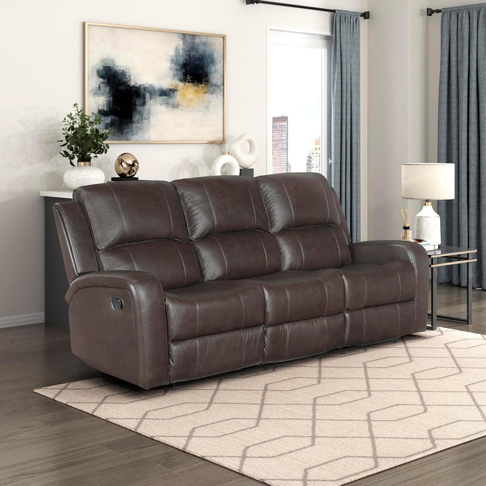 Manual Double Reclining Sofa, Top Grain Leather Match Wall Hugger Recliner Sofa, Tab Pull Reclining, High Density Foam over Pocket Coils, for Living Room/Reading Nook/Bedroom, Brown