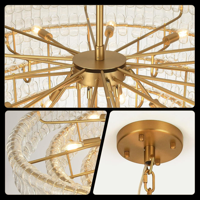 48" 5-Tier Clear Ripple Glass Chandelier, 20-Light round Brass Chandelier