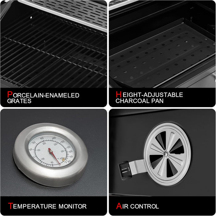 CD1824M 24-Inch Charcoal Grill, BBQ Smoker with Handle and Folding Table, Perfect for Outdoor Patio, Garden and Backyard Grilling, Black, Medium