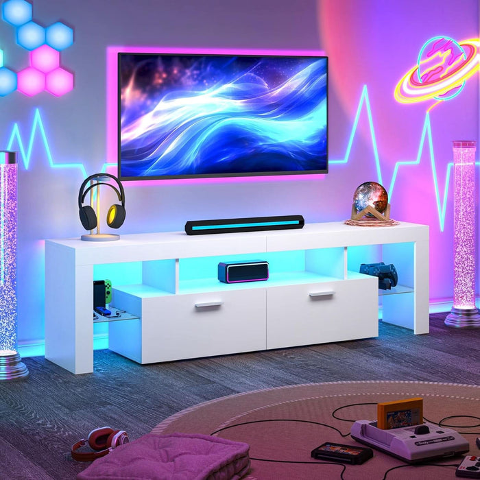 Modern Lighting 63 Inch TV Stand with Large Storage Drawer for 50 55 60 65 70 75 Inch Tvs, TV Console with 20 Color LED Lights, Entertainment Center Media and Open Shelf for Bedroom, White