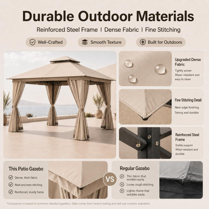 10'X10' Outdoor Gazebo, Heavy Duty Metal Patio Canopy Tent Shelter with Double Roof, Mosquito Netting & Privacy Curtains for Backyard, Garden, Deck, Lawn, Khaki