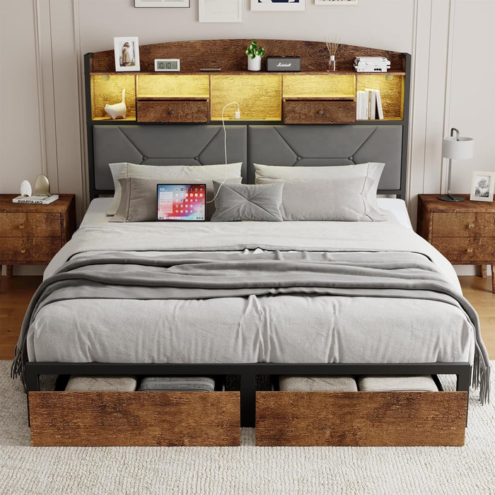 Full Size Bed Frame with 4 Storage, Upholstered Velvet Platform Bed Frames with Button Tufted Headboard Led Lights, Wooden Slats Support, No Box Spring Needed, Rustic Brown
