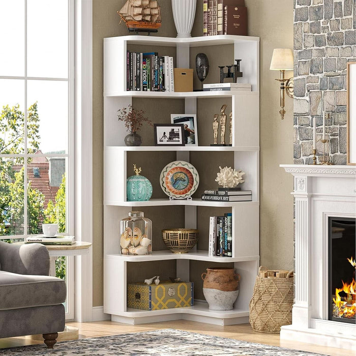 Corner Book Shelf - 6 Tier Corner Bookshelf Etagere Bookcase with Baffle, Freestanding L Shaped Display Shelf Stand for Home Office, Living Room, Bedroom, Kitchen, White