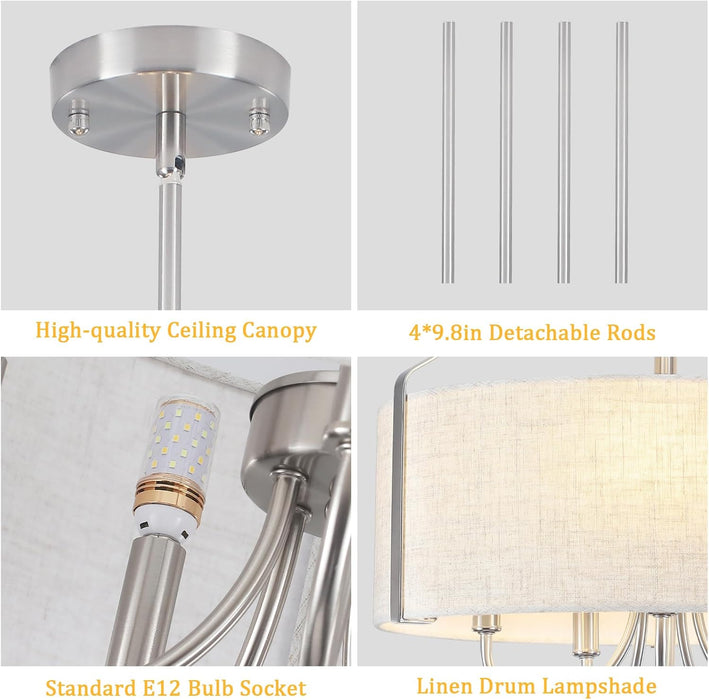 5-Light Drum Chandelier for Dining Room 18" Farmhouse Pendant Light with Linen Lampshade – Brushed Nickel Chandelier for Kitchen Island, Living Room, Bedroom, Entryway & Foyer