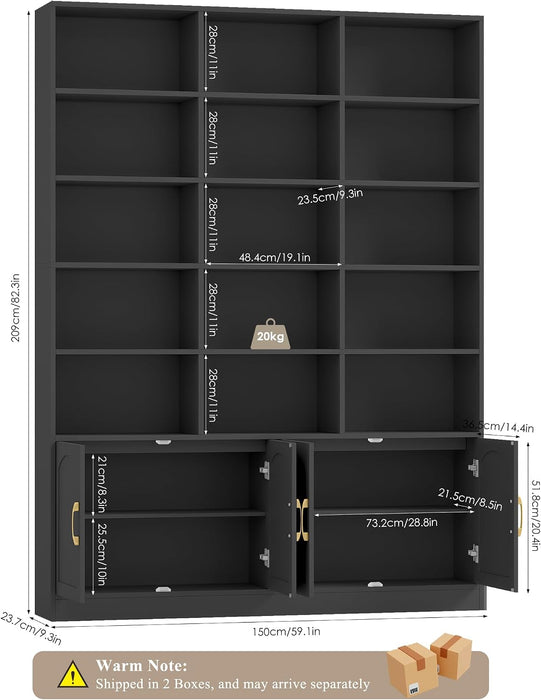 82.3" Triple Wide Bookshelf, Tall Bookcase with 4 Doors, Black