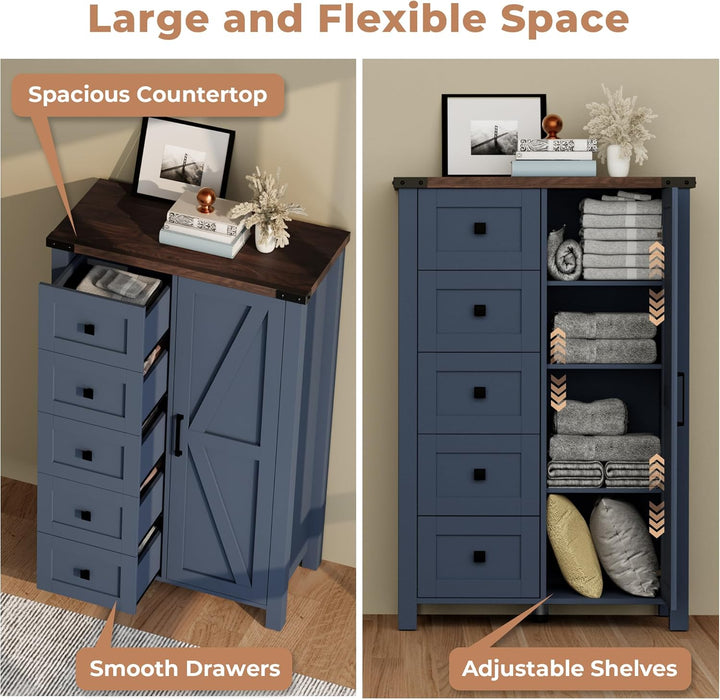 Farmhouse Tall Dresser Chest of Drawer for Bedroom, 5 Drawer Storage Cabinet with Barn Door, 48 Inch Tall Wood Dresser, Adjustable Shelves, Rustic, for Living Room, Entryway, Hallway