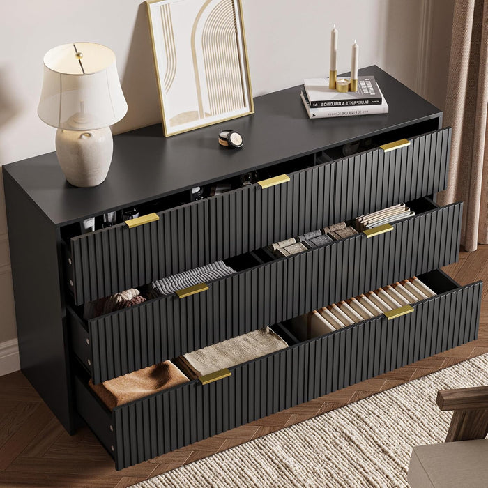 56" Wide Fluted 7-Drawer Dresser for Bedroom, Black