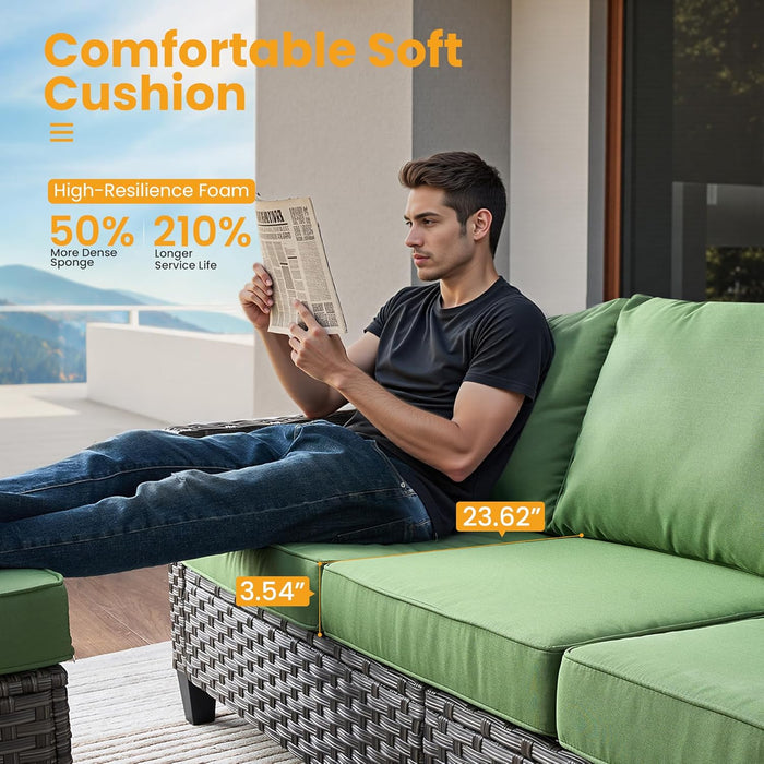 10 PCS Outdoor Patio Furniture 54In Set with Fire Pit Table, All-Weather Rattan Wicker Conversation Group with Deep Seating, High Back Comfort for Porch, Backyard, Green