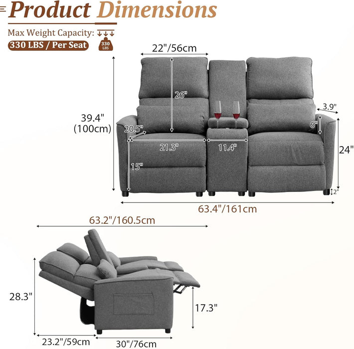 63" RV Loveseat Recliner Sofa, Double Reclining Couch with 2 Cup Holders and Storage Console, 2 Seater Recliner, Manual Reclining Home Theater Seating (Cotton Grey)