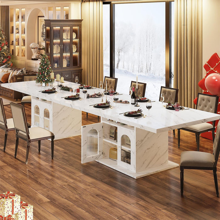 63" Modern White Faux Marble Dining Table for 6 with Storage Cabinet | Rectangular Kitchen Dinner Table with 3-Tier Shelves and an Acrylic Door, Seats 4-6,Table Only for Dining Room and Apartment