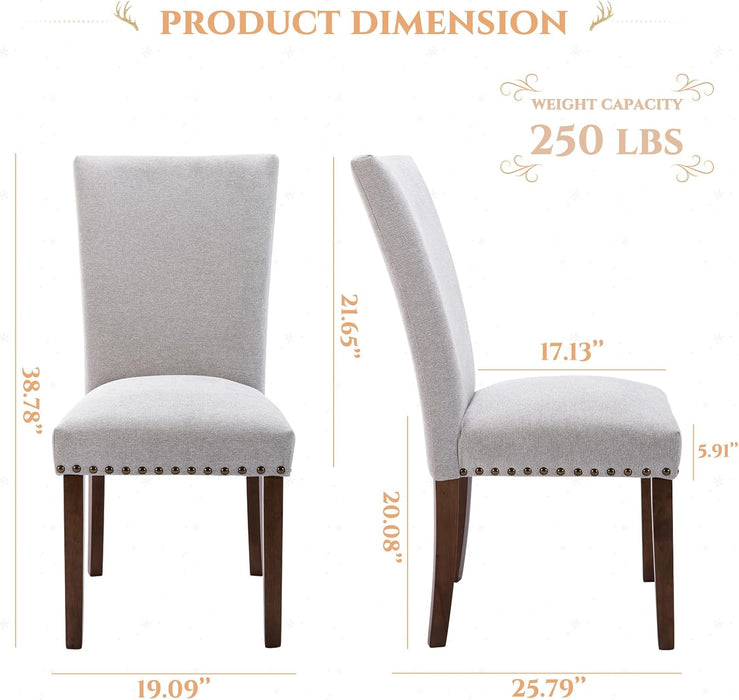 Fabric Dining Chairs Set of 2, Parsons Chairs Upholstered Nailhead Dining Room Kitchen Chair with Thick Cushions and Wood Legs, Light Grey