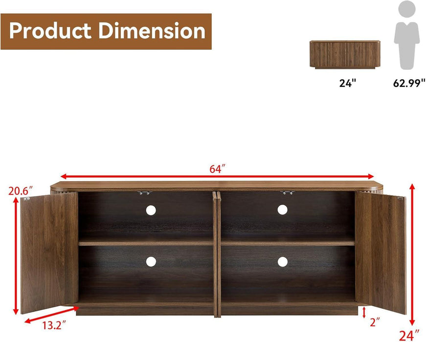 64" Buffet Sideboard Cabinet with Storage, Modern Fluted Accent Credenza with Adjustable Shelves, Wood Coffee Bar Console Table for Living Room Kitchen Dining Room Hallway, Walnut