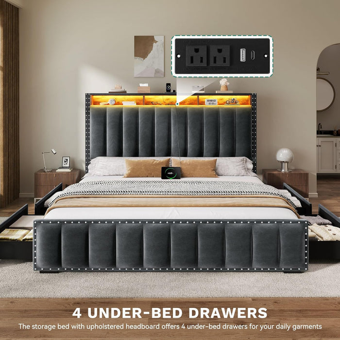 Queen Size Bed Frame with 4 Storage Drawers and RGB LED Lights, Velvet Upholstered Platform Bed with Charging Station and Bookcase Storage Headboard, No Box Spring Needed, Easy Assembly, Grey