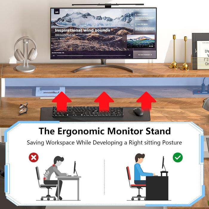 63" Farmhouse L Shaped Executive Desk with Drawers & Storage Shelf, Corner Computer Desk with Power Outlets, L Shaped Office Desk with Monitor Stand, Printer Shelf, Antique White - ShipItFurniture