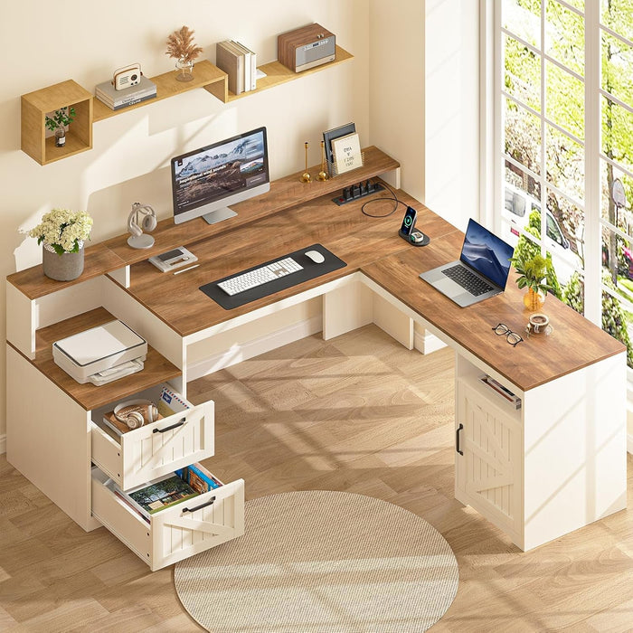 63" Farmhouse L Shaped Executive Desk with Drawers & Storage Shelf, Corner Computer Desk with Power Outlets, L Shaped Office Desk with Monitor Stand, Printer Shelf, Antique White - ShipItFurniture