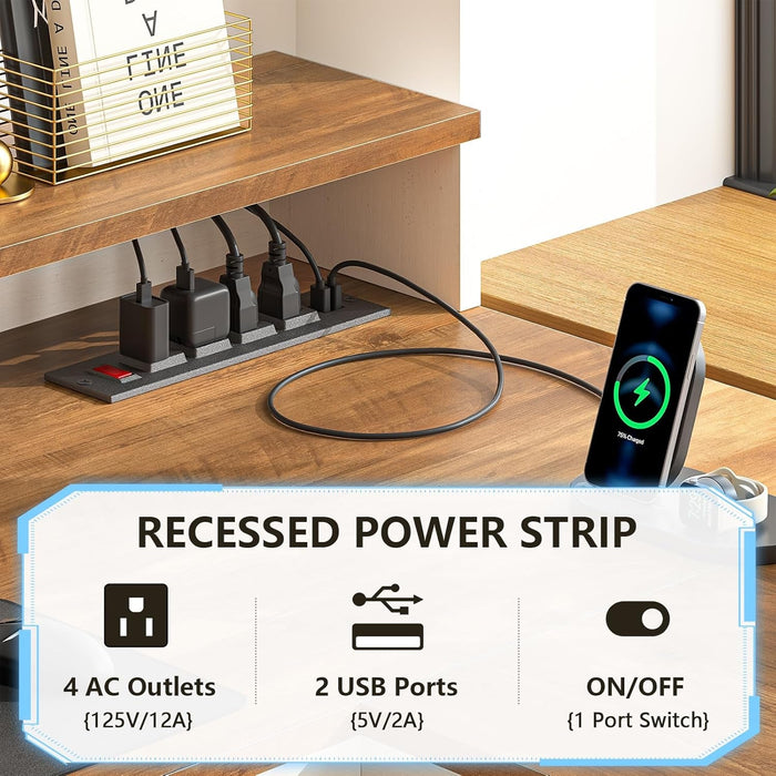 63" Farmhouse L Shaped Executive Desk with Drawers & Storage Shelf, Corner Computer Desk with Power Outlets, L Shaped Office Desk with Monitor Stand, Printer Shelf, Antique White - ShipItFurniture