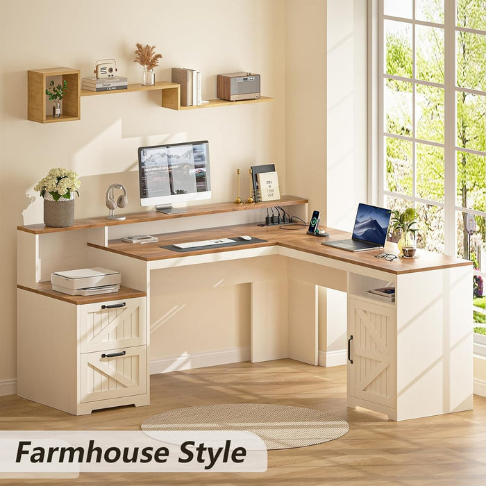 63" Farmhouse L Shaped Executive Desk with Drawers & Storage Shelf, Corner Computer Desk with Power Outlets, L Shaped Office Desk with Monitor Stand, Printer Shelf, Antique White - ShipItFurniture