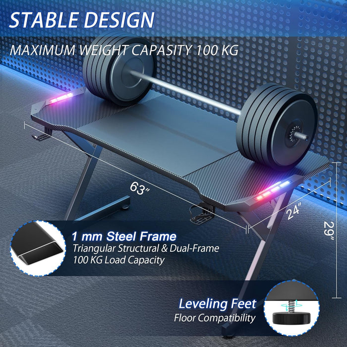 63 INCH Gaming Desk with LED Lights, Home Office Gamer Desk, Ergonomic Computer Table with Large Carbon Fiber Desktop, Office Workstation with Mouse Pad, Cup Holder & Headphone Hook, Black - ShipItFurniture