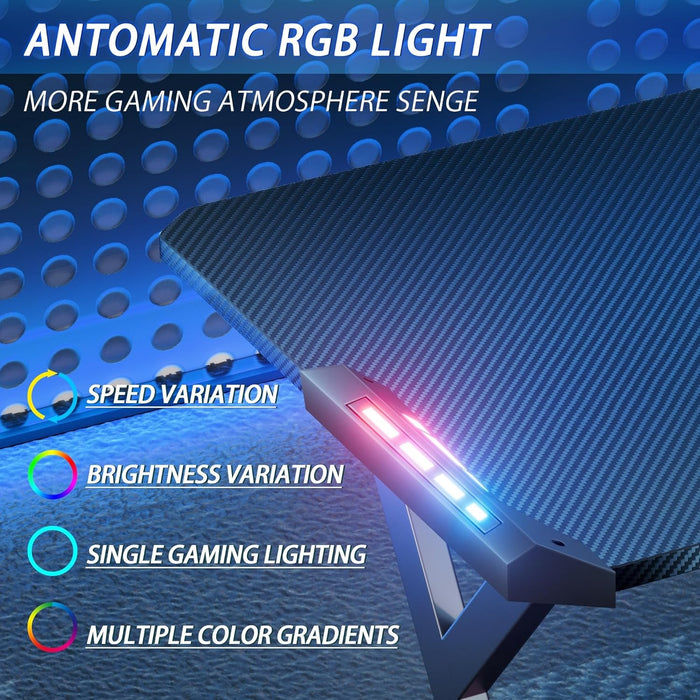 63 INCH Gaming Desk with LED Lights, Home Office Gamer Desk, Ergonomic Computer Table with Large Carbon Fiber Desktop, Office Workstation with Mouse Pad, Cup Holder & Headphone Hook, Black - ShipItFurniture