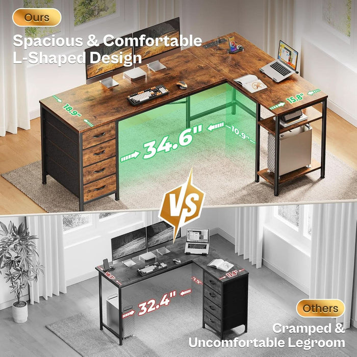 63 Inch L Shaped Desk with Fabric Drawers, Reversible Computer Gaming Desk with Power Outlets and USB - C Port, Adjustable Side Storage Shelves, for Work Study Corner Home Office, Rustic Brown - ShipItFurniture