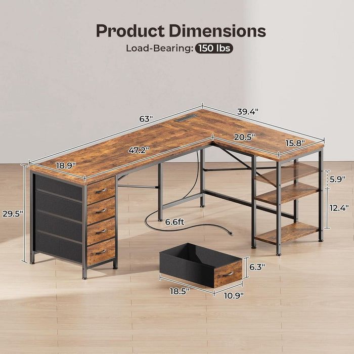 63 Inch L Shaped Desk with Fabric Drawers, Reversible Computer Gaming Desk with Power Outlets and USB - C Port, Adjustable Side Storage Shelves, for Work Study Corner Home Office, Rustic Brown - ShipItFurniture