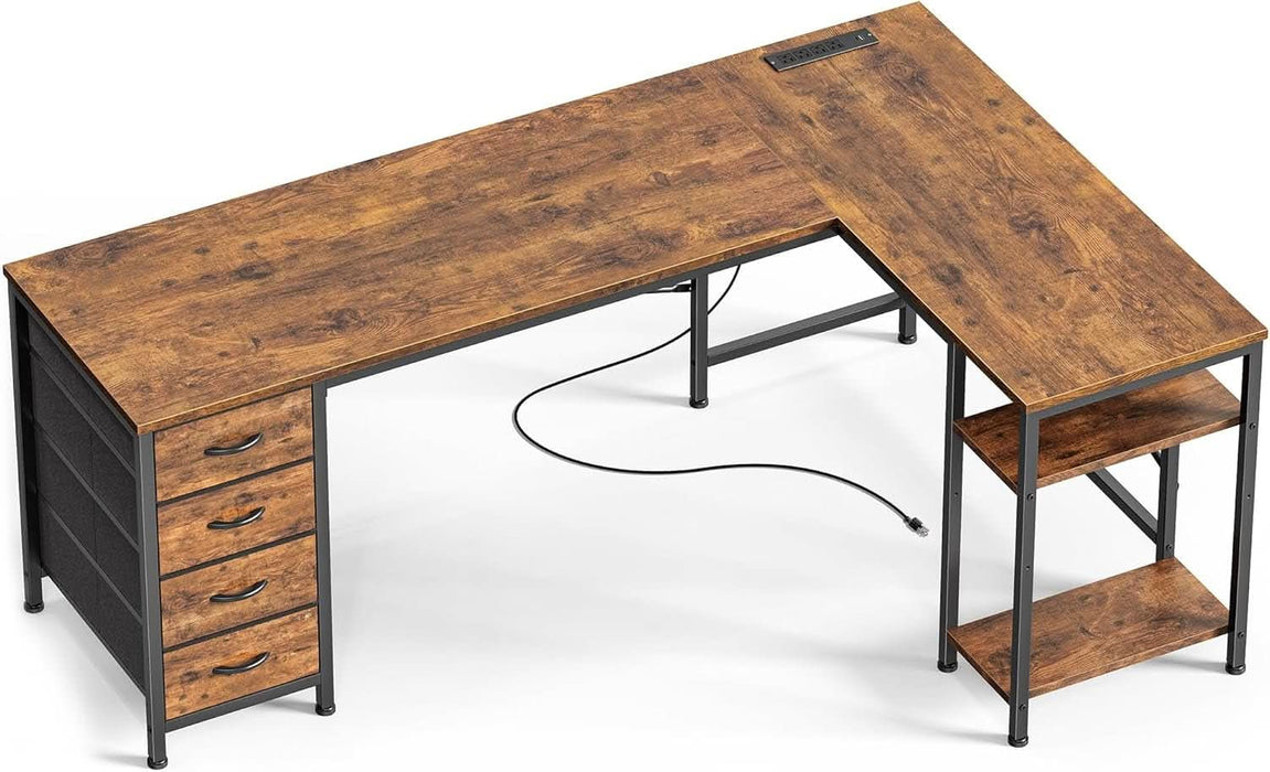 63 Inch L Shaped Desk with Fabric Drawers, Reversible Computer Gaming Desk with Power Outlets and USB - C Port, Adjustable Side Storage Shelves, for Work Study Corner Home Office, Rustic Brown - ShipItFurniture