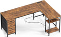 63 Inch L Shaped Desk with Fabric Drawers, Reversible Computer Gaming Desk with Power Outlets and USB - C Port, Adjustable Side Storage Shelves, for Work Study Corner Home Office, Rustic Brown - ShipItFurniture