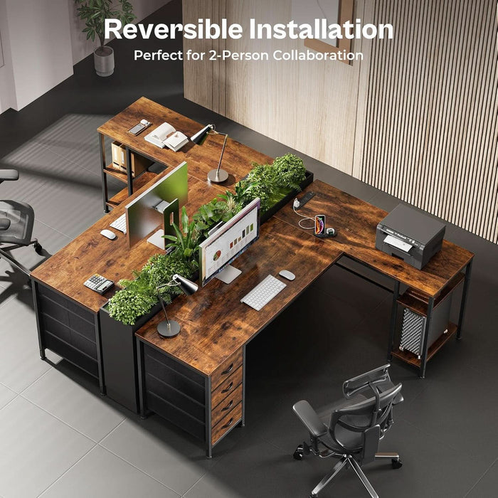 63 Inch L Shaped Desk with Fabric Drawers, Reversible Computer Gaming Desk with Power Outlets and USB - C Port, Adjustable Side Storage Shelves, for Work Study Corner Home Office, Rustic Brown - ShipItFurniture