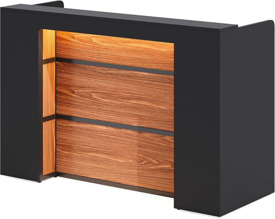 63 Inches Reception Desk, Modern Reception Table with LED Light, Front Counter Desk, Wooden Checkout Counter for Lobbies, Salons, Retail, Home Offices, Reception Room, Black & Brown - ShipItFurniture
