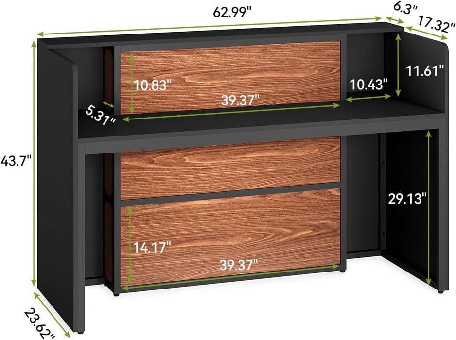 63 Inches Reception Desk, Modern Reception Table with LED Light, Front Counter Desk, Wooden Checkout Counter for Lobbies, Salons, Retail, Home Offices, Reception Room, Black & Brown - ShipItFurniture