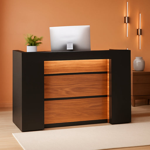 63 Inches Reception Desk, Modern Reception Table with LED Light, Front Counter Desk, Wooden Checkout Counter for Lobbies, Salons, Retail, Home Offices, Reception Room, Black & Brown - ShipItFurniture