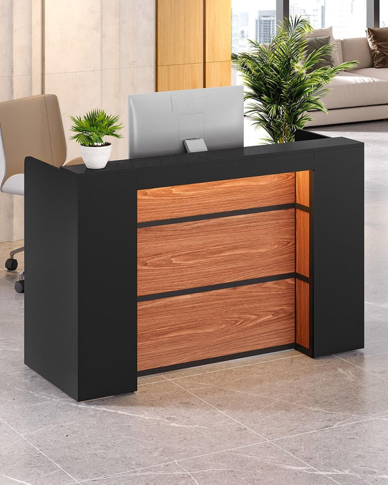 63 Inches Reception Desk, Modern Reception Table with LED Light, Front Counter Desk, Wooden Checkout Counter for Lobbies, Salons, Retail, Home Offices, Reception Room, Black & Brown - ShipItFurniture