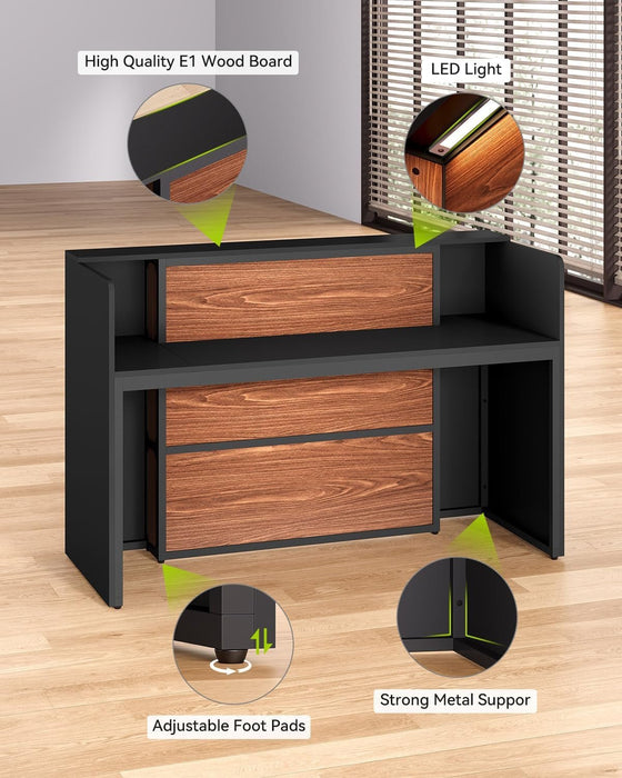 63 Inches Reception Desk, Modern Reception Table with LED Light, Front Counter Desk, Wooden Checkout Counter for Lobbies, Salons, Retail, Home Offices, Reception Room, Black & Brown - ShipItFurniture