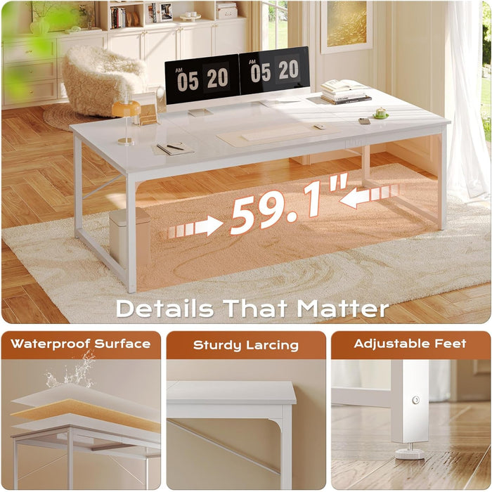 63 X 29.5 Inch Computer Desk with Deeper Desktop, Gaming Office Writing Work Desk for Home Office, Study, Bedroom, Work from Home, Metal Frame, White - ShipItFurniture