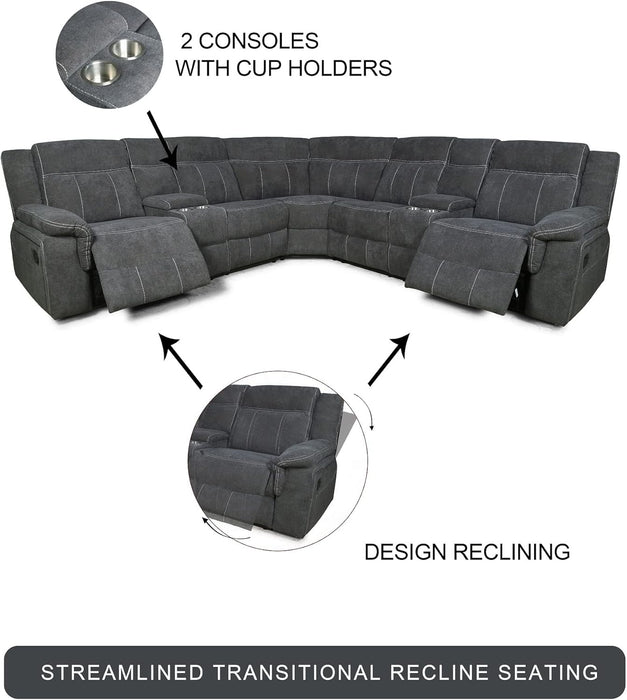 Manual Reclining Sectional Sofa  Premium Fabric, Console